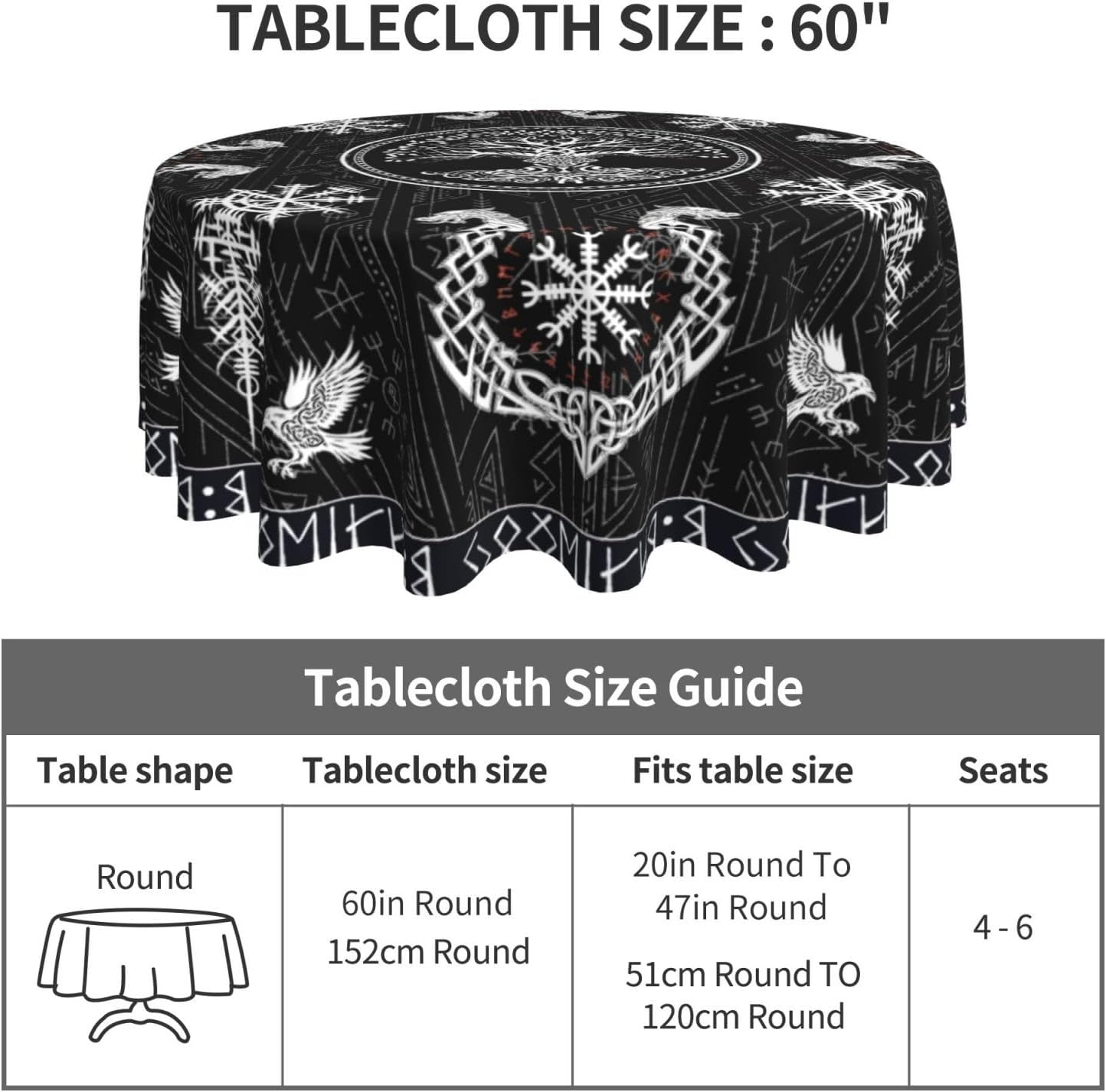 Norse Viking Tablecloth, Nordic Mythology Tree of Life Crow Ancient Mythical Viking Raven Print Water Resisitant Table Cover for Dining Kitchen Living Room Home Party Holiday Decor 60 inch Round