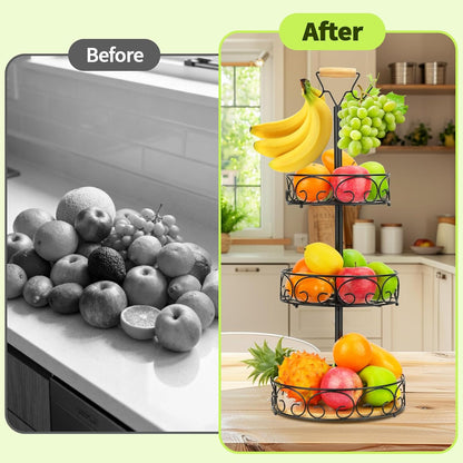 WCHOSOZH 3 Tier Fruit Basket for Kitchen Counter, Fruit Vegetables Bowl Stand with 2 Banana Hangers,Metal Tiered Display Holder for Bread Snack Organization Storage Baskets(Black)