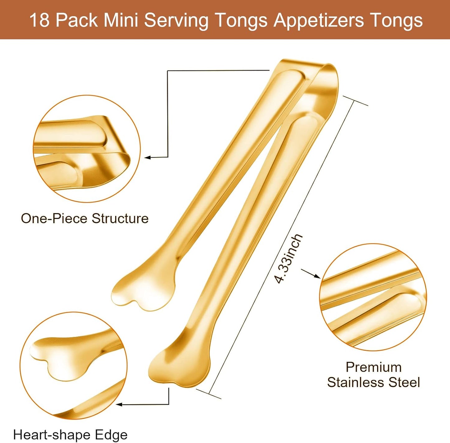 18 Pack Premium Small Serving Tongs, Mini Stainless Steel Appetizer Tongs 4.33Inch Gold