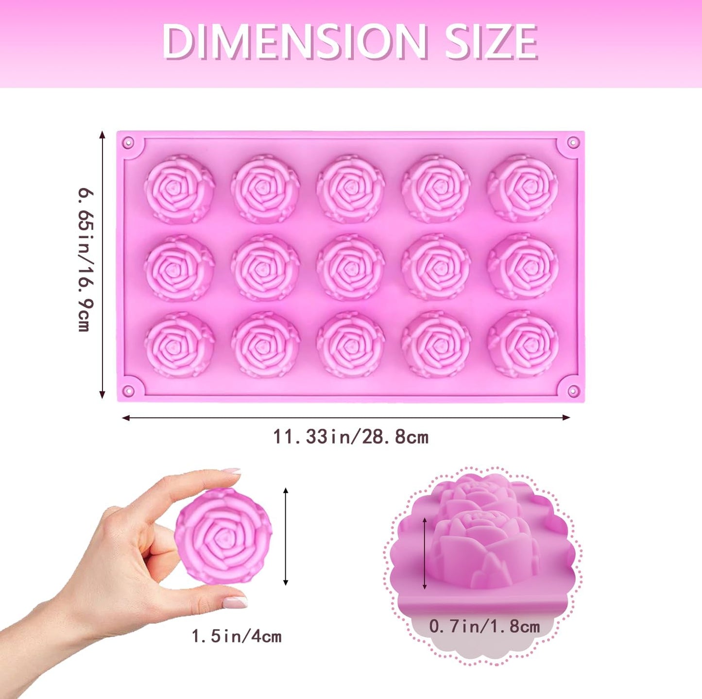 MEMOVAN 15 Cavity Rose Silicone Fondant Mold 2pcs 3D Flower Cake Resin Mold Rose Candy Chocolate Mold Flower Ice Tray Molds for Sugarcraft Cupake Decoration Soap Candle Making Clay Lotion Bar Wax