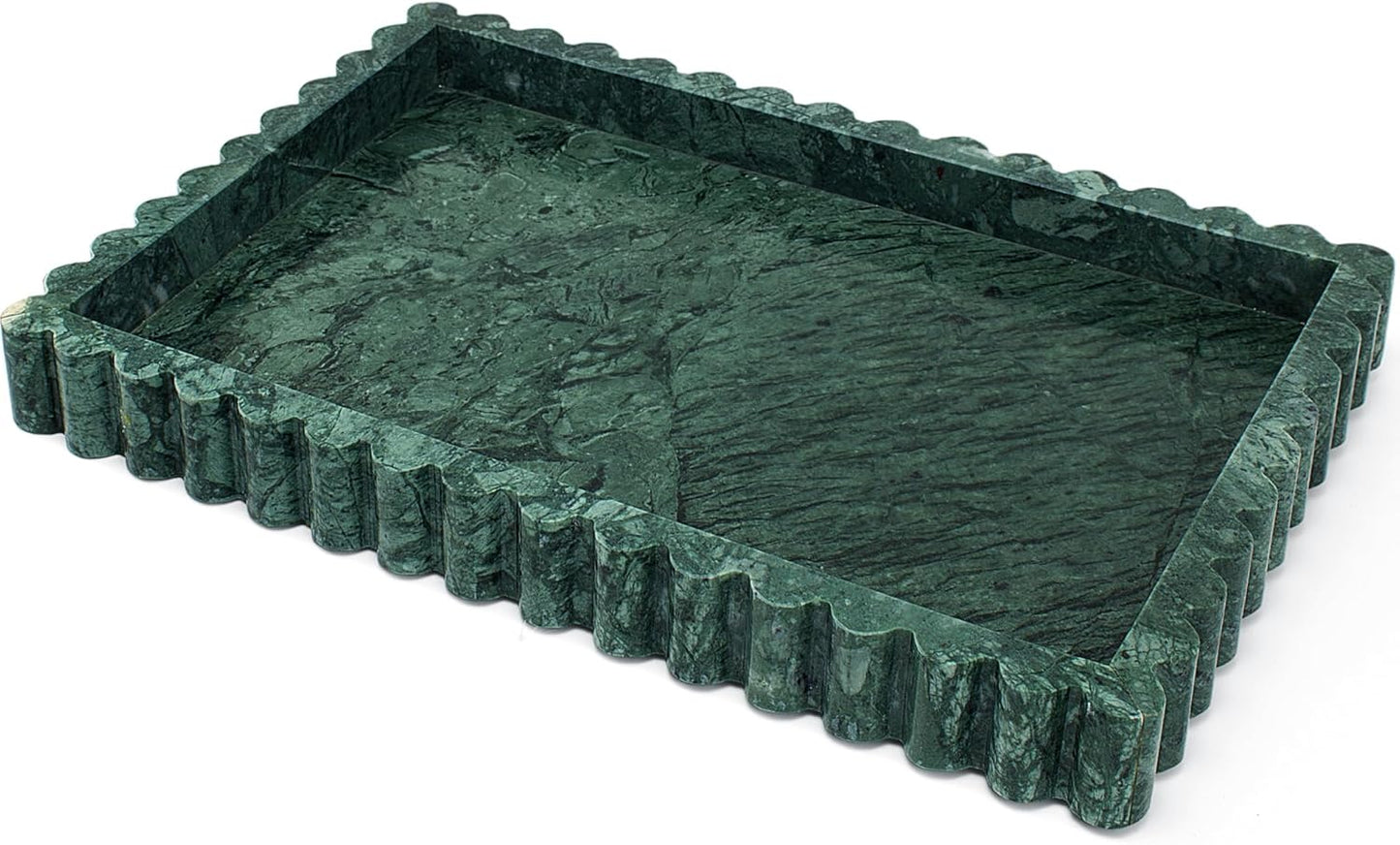 Natural Marble Tray for Bathroom, Real Stone Decorative Vanity Tray with Fluted Edge, Large Marble Serving Storage Tray for Kitchen Counter, Dresser, Home Decor, 11.8" x 8", Dark Indian Green