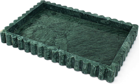 Natural Marble Tray for Bathroom, Real Stone Decorative Vanity Tray with Fluted Edge, Large Marble Serving Storage Tray for Kitchen Counter, Dresser, Home Decor, 11.8" x 8", Dark Indian Green