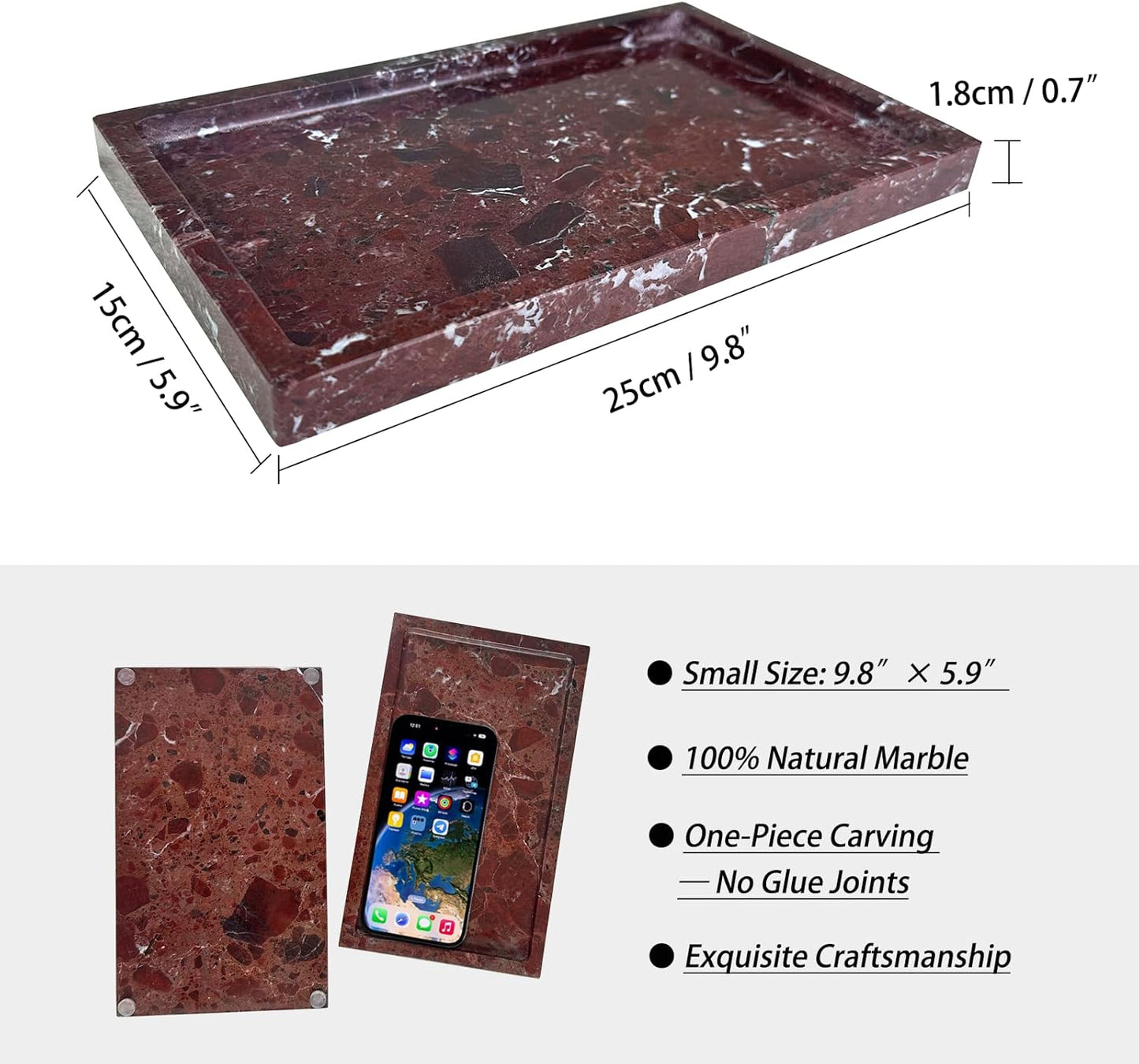 Natural Red Marble Vanity Tray, 9.8"x5.9" Genuine Marble Tray for Bathroom/Kitchen/Dresser (Rosso Levanto)