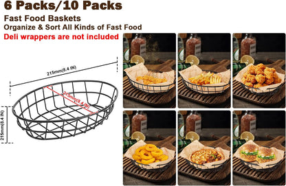 6 Pack Metal Fast Food Oval Baskets, Wire Bread Basket for Serving, Reusable Chip Burger Fruit Vegetables Bowl Storage for Kitchen Table, Restaurants, Snack Bar, 9.5" x 6.3" x 2"