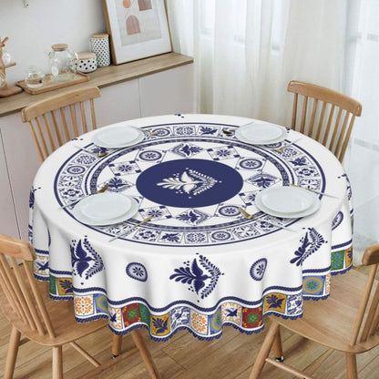 Mexican Round Tablecloth, Floral Bird Talavera Ceramic Tile Dia De Los Muertos Azulejo Mosaic Water Resisitant Table Cover for Dining Kitchen Living Room Home Party Holiday Decor 60 inch Round