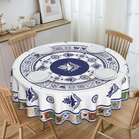 Mexican Round Tablecloth, Floral Bird Talavera Ceramic Tile Dia De Los Muertos Azulejo Mosaic Water Resisitant Table Cover for Dining Kitchen Living Room Home Party Holiday Decor 60 inch Round