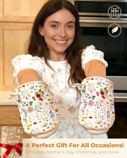 Slohif Vintage Floral Mini Oven Mitts Set – Beige Extended Short Heat Resistant Kitchen Gloves for Women, 100% Cotton Oven Mitts with Silicone Grips, Non-Slip and Thick Durable for Cooking & Baking