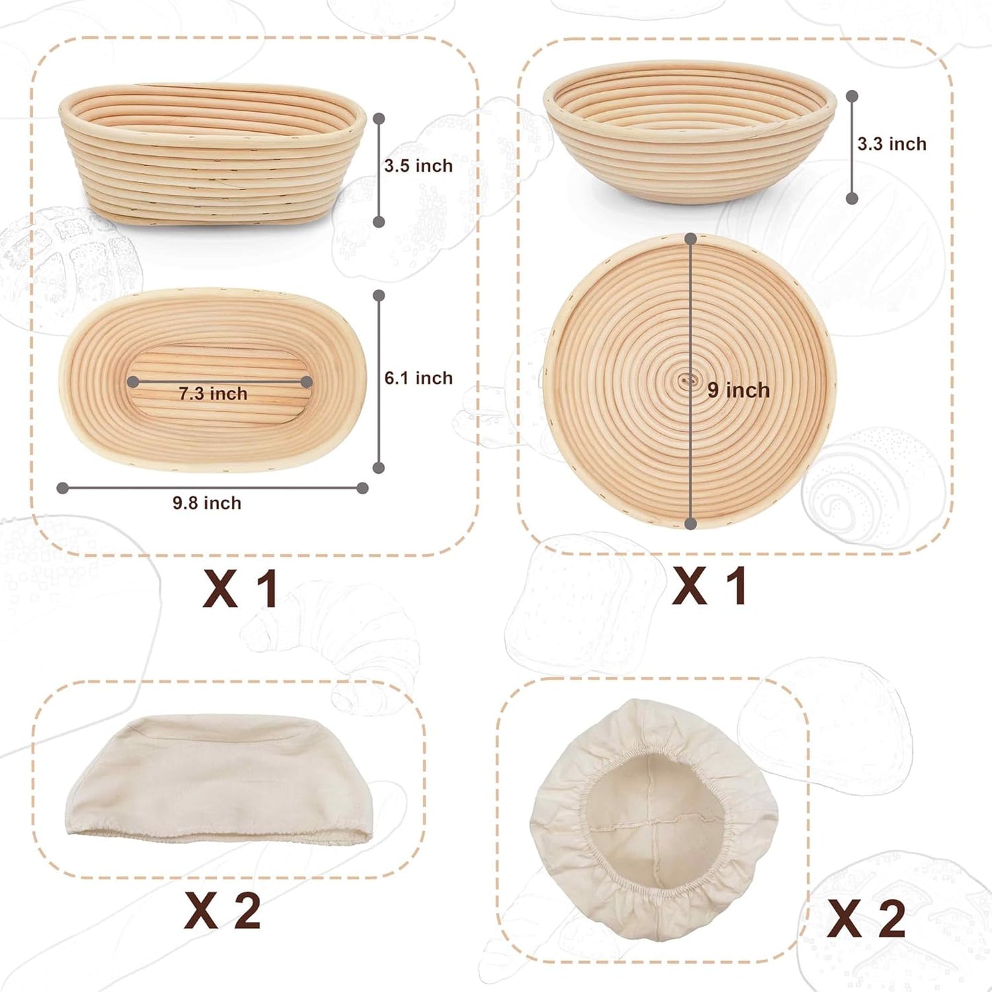 Banneton Bread Proofing Basket,9 Inch Round + 9.8 Inch Oval Sourdough Proofing Baskets with Liner,Dough Proofing Bowls,Made of Natural rattan,for Sourdough Bread Baking Supplies