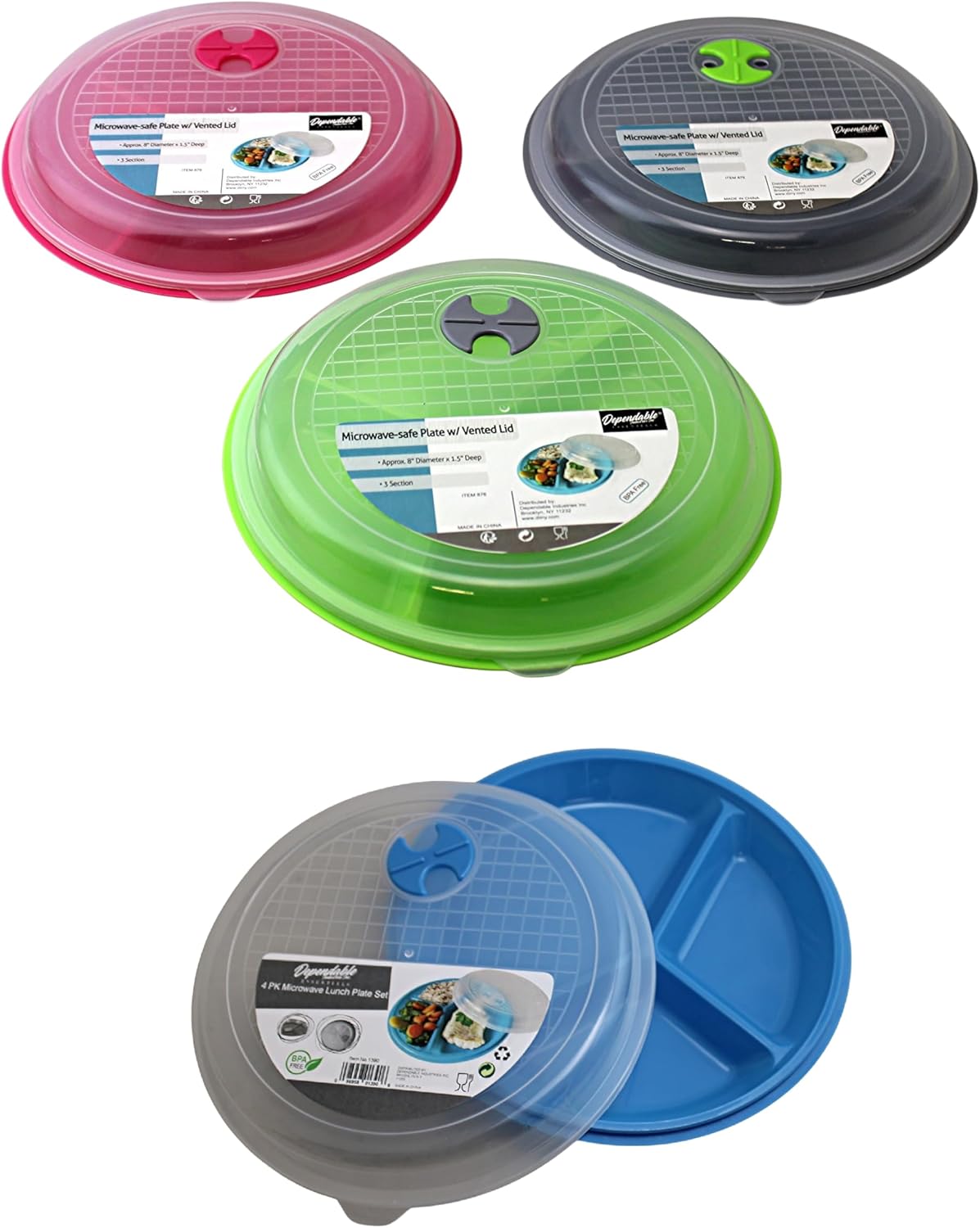 4-Pack Divided Microwave Plates with Vented Lids – BPA-Free, Stackable Meal Prep Plates – 3 Section Food Storage – Microwave, Freezer & Dishwasher Safe – 8.75” x 8.75”