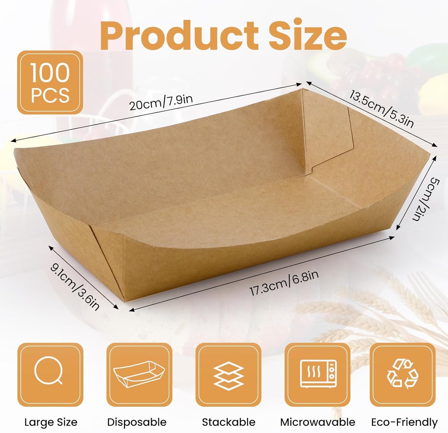 100 Pack 3lb Paper Food Trays, Heavy Duty Disposable Food Boats, Disposable Nacho Trays, Kraft Paper Serving Basket for Party Snacks, Nachos, French Fries, Hot Dogs, Tacos, BBQ, Brown