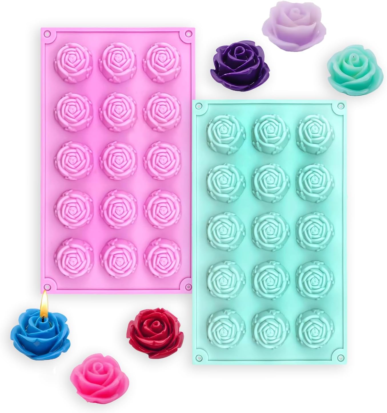 MEMOVAN 15 Cavity Rose Silicone Fondant Mold 2pcs 3D Flower Cake Resin Mold Rose Candy Chocolate Mold Flower Ice Tray Molds for Sugarcraft Cupake Decoration Soap Candle Making Clay Lotion Bar Wax