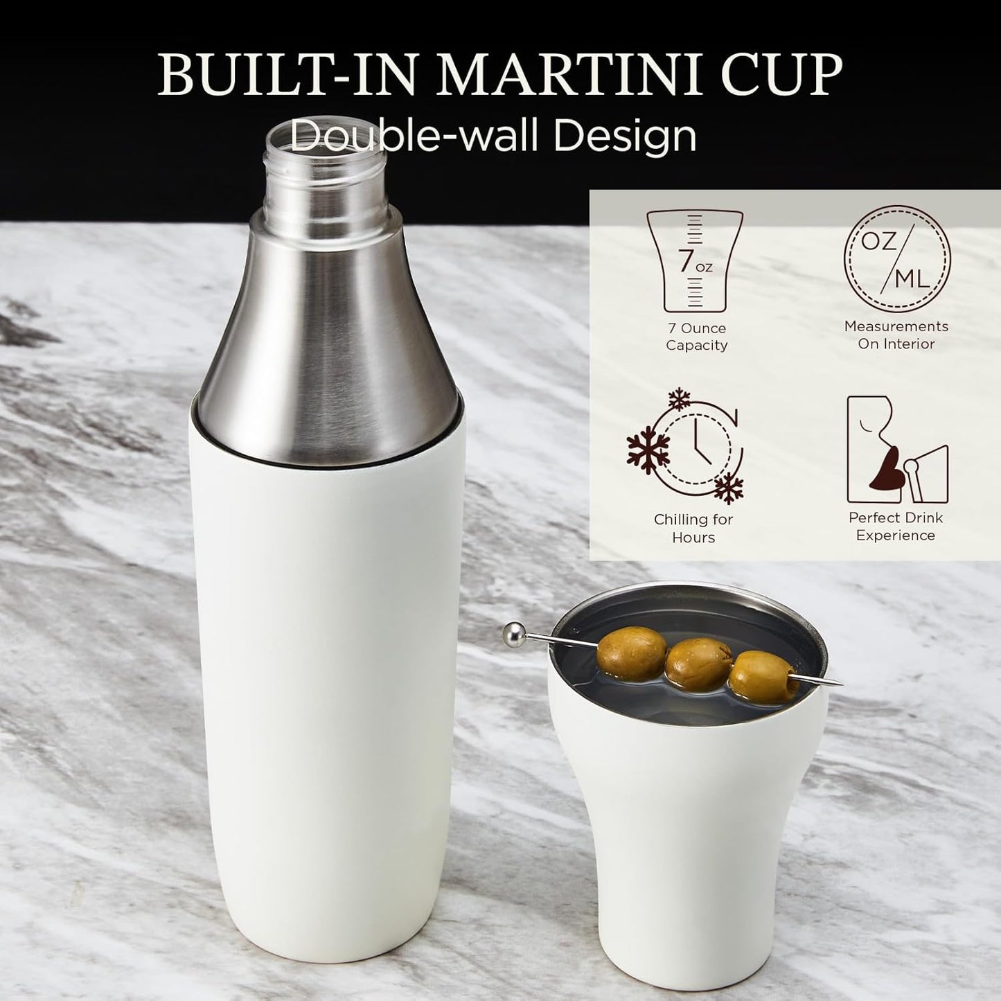 Kitessensu Hybrid Cocktail Shaker | Vacuum Insulated Stainless Steel Martini Shaker with Double Wall Martini Cup | Integrated Measuring System | Tumbler Lid & Cocktail Recipes Included | Cream