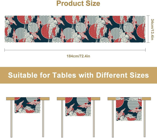 Chinese Crane Table Runner, Luxury Asian Style Oriental Line Geometry Wave Traditional Elements Blue White Table Runner for Kitchen Home Party Dinner Set, 13x120 Inch