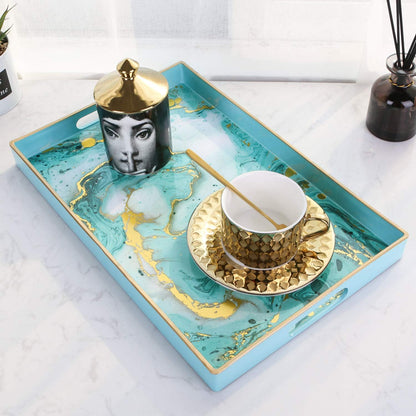 Zosenley Decorative Tray, Marbling Plastic Tray with Handles, Rectangular Vanity Tray and Serving Tray for Bathroom, Kitchen, Ottoman and Coffee Table, 15.6" x 10.2" (Golden Blue)