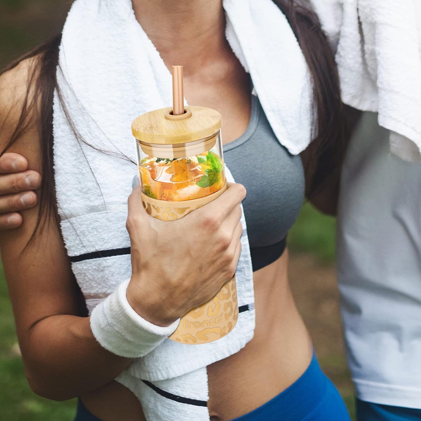 Tronco 20 oz Glass Tumbler with Lid and Straw, Iced Coffee Cup and Smoothie Cup with Bamboo Lids & Protective Silicone Sleeve, Dishwasher Safe, BPA-Free, Glass Cup 1 Pack