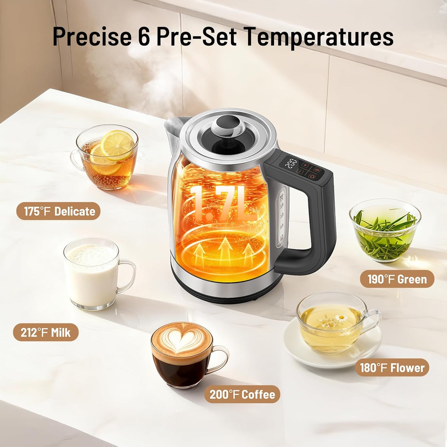 Electric Kettle Temperature Control, 1.7L 1500W Electric Tea Kettle with 13 Temperature Settings, Strix Thermostat, LED Display&Touch Control, Auto Shut-Off Protection, Boil Dry Protection