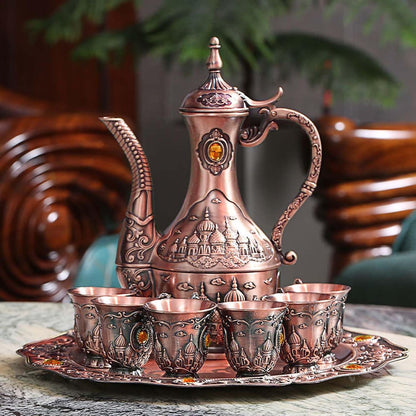 Vintage Turkish Coffee Pot Set for 6 Including Tray and Teapot,Metal Cups,Teapot and Cup Set for One,Tea Service Set for Home Tea Table Decor,Wedding Ornaments(Copper)