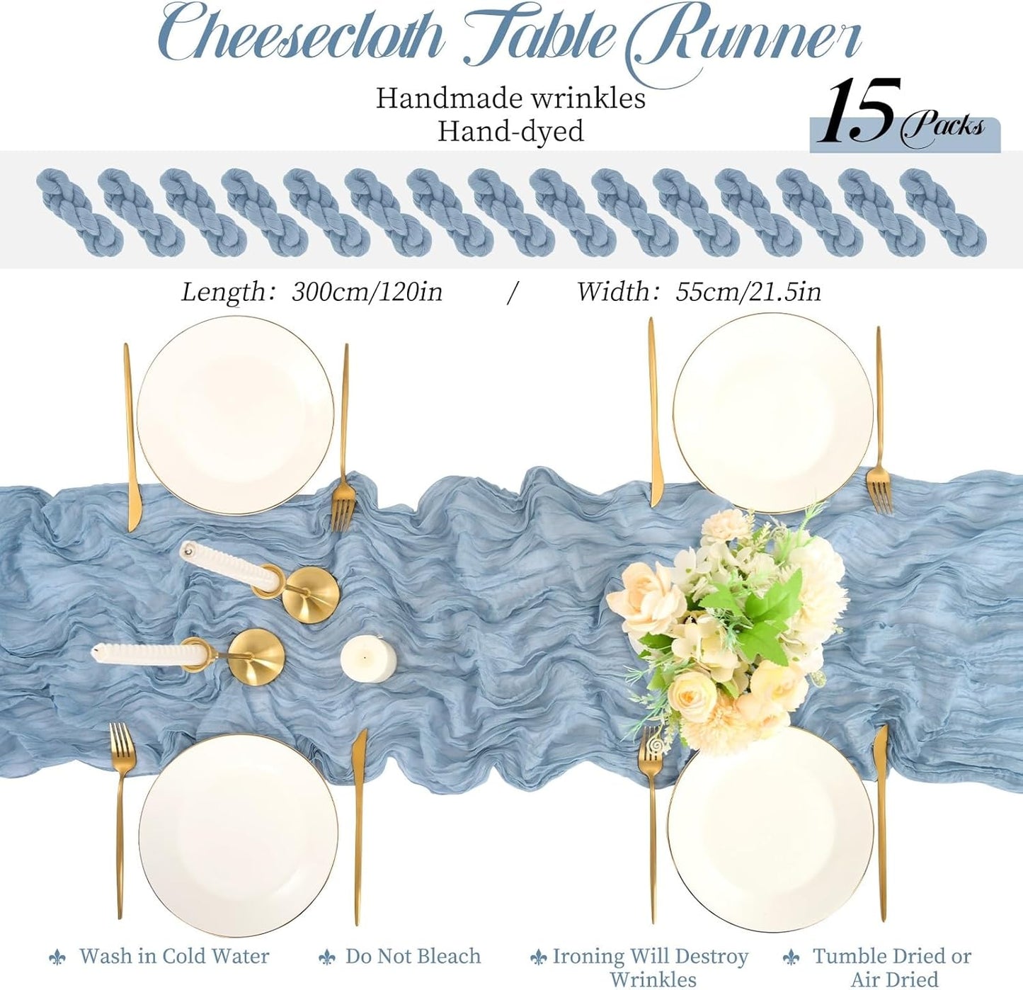 15 Packs Cheesecloth Table Runner Dusty Blue,10 Ft Blue Rustic Gauze Boho Wedding Table Runner Decoration,Wedding Table Decor Table Cloth for Wedding Party Bridal Shower Table,21.5x120in
