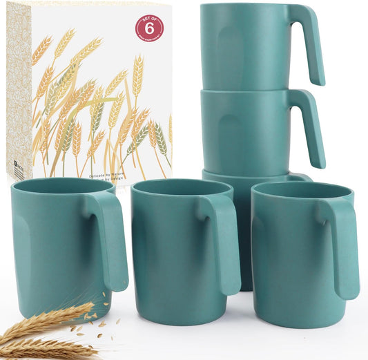 Wrova 16oz Wheat Straw Cups with handles set of 6-Plastic Cups Reusable-Unbreakable Kids Mugs-Dishwasher Safe & Microwave Safe-Ideal Plastic Mugs for Tea,Coffee,Camping,RV-Green