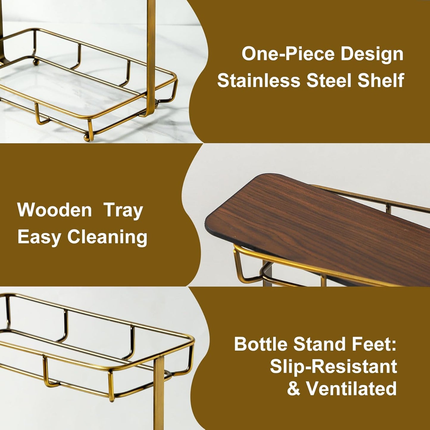 Bathroom Organizer Countertop Perfume Organizer Makeup Organizer Cosmetics Storage Display Rack Vanity Tray Dresser Stainless Steel Gold Shelf Wooden Tray