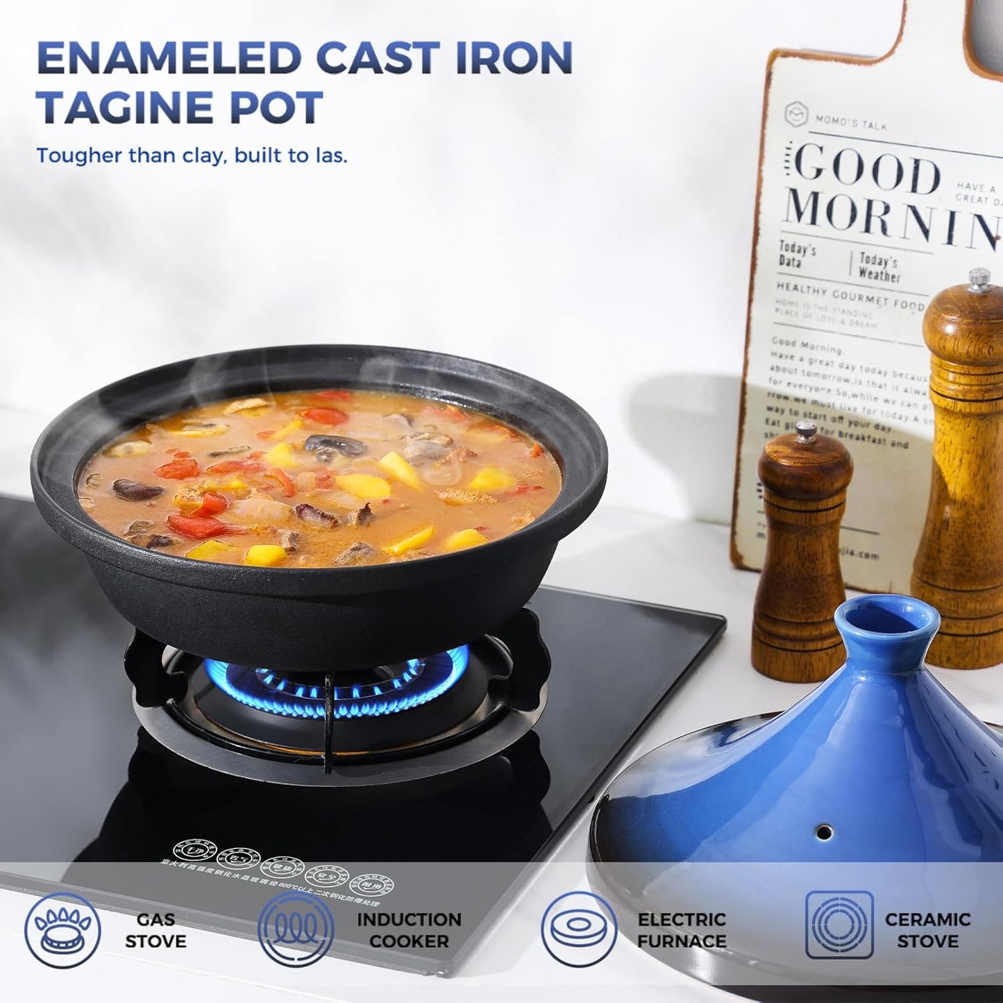 Moroccan Tagine for Cooking: Enameled Cast Iron Cooking Pot, Slow Cooker, Classic Kitchen Cookware, Tajine with Ceramic Cone-Shaped Closed Lid, 3.3 QT, Blue