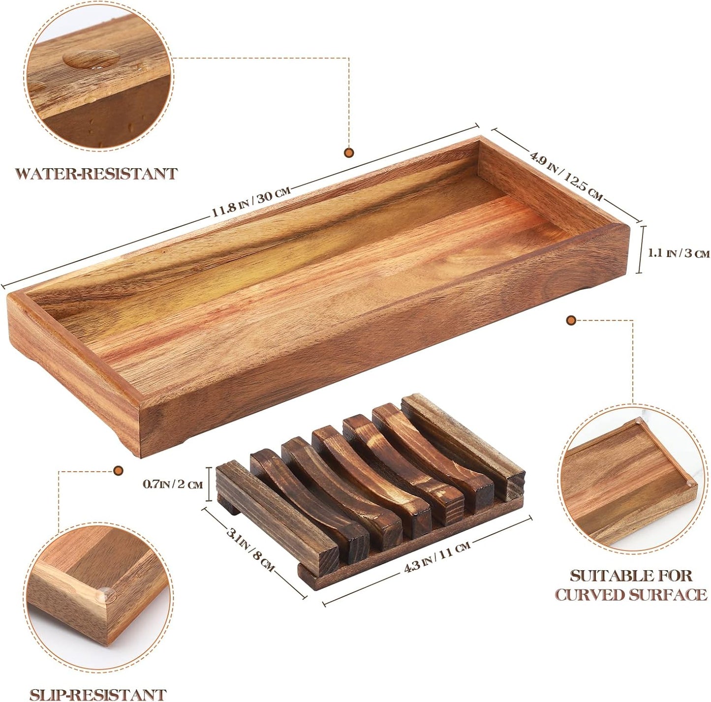 Farmhouse Wooden Vanity Tray Small Rectangle, Rustic Bathroom Tray Bathroom Organizer, Cosmetics Holder for Tissue Towel Jewelry Ring Dish Dresser Perfume, Decor Box (Brown, 4.8" W11.5 Lx1.2 H)