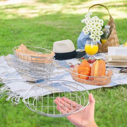 12 Pack Oval Wire Bread Basket, 9.65 x 6.1 x 2.17 Inch Metal Fast Food Baskets with 50 Sheets Deli Wrappers Paper, Metal Dinner Roll Baskets for Home & Kitchen, Serving and Storage(Silvery)