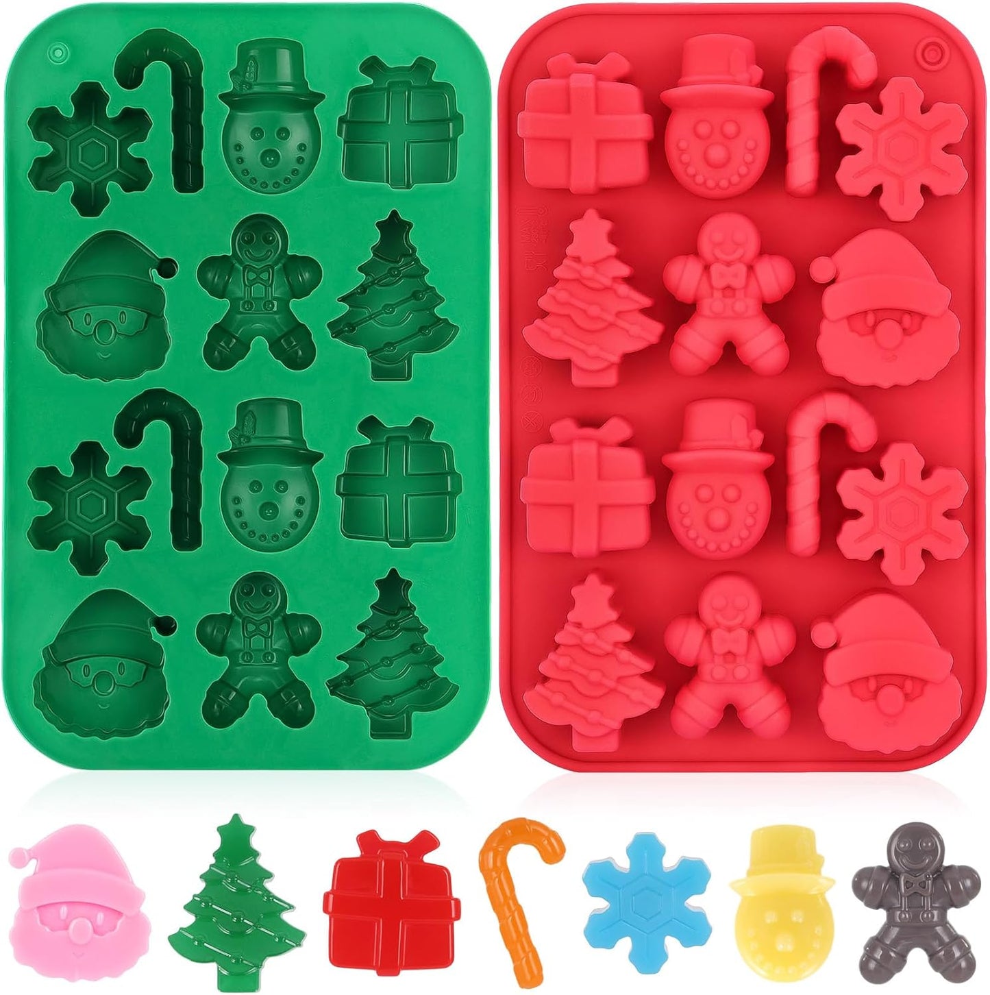 2 Pack Christmas Silicone Chocolate Molds, 3D Christmas Tree Snowflake Snowman Cane Molds, Xmas Non-stick Baking Mold for DIY Xmas Chocolate Candy Soap Biscuit Jelly Cake Ice Cube