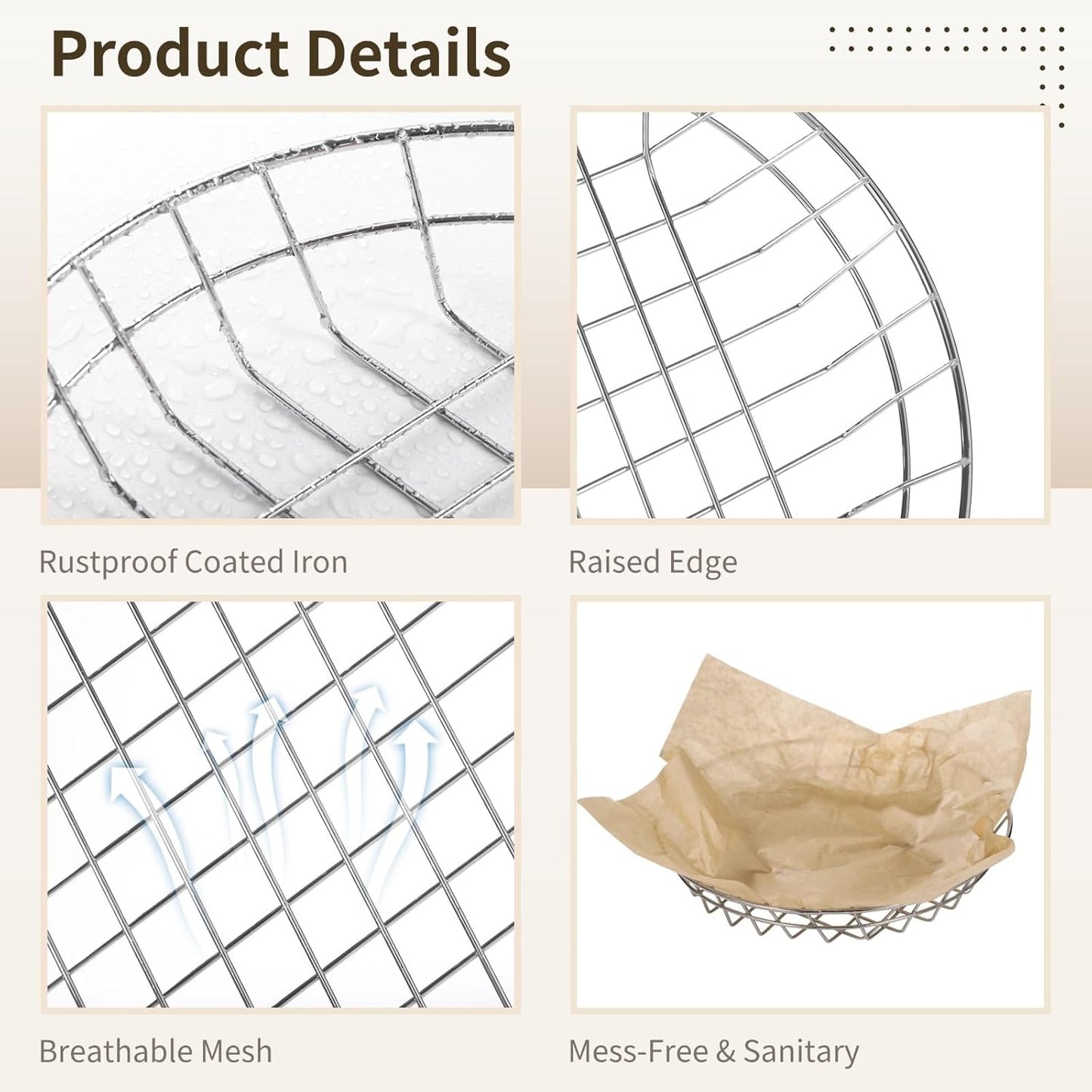 24 PCS Food Serving Wire Baskets, 9.8 x 9.8 x 1.8 Inch Wire Bread Baskets with 100 Sheets Deli Wrapper, Metal Snack Basket with Oil-Absorbing Paper for Restaurant Party