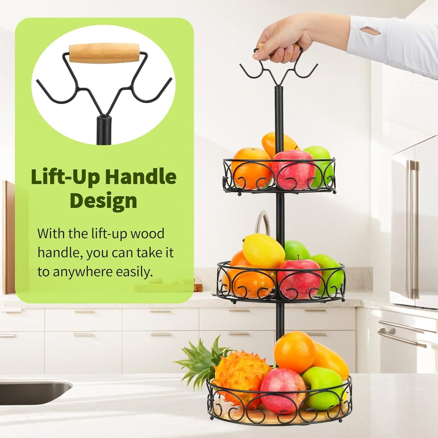 WCHOSOZH 3 Tier Fruit Basket for Kitchen Counter, Fruit Vegetables Bowl Stand with 2 Banana Hangers,Metal Tiered Display Holder for Bread Snack Organization Storage Baskets(Black)