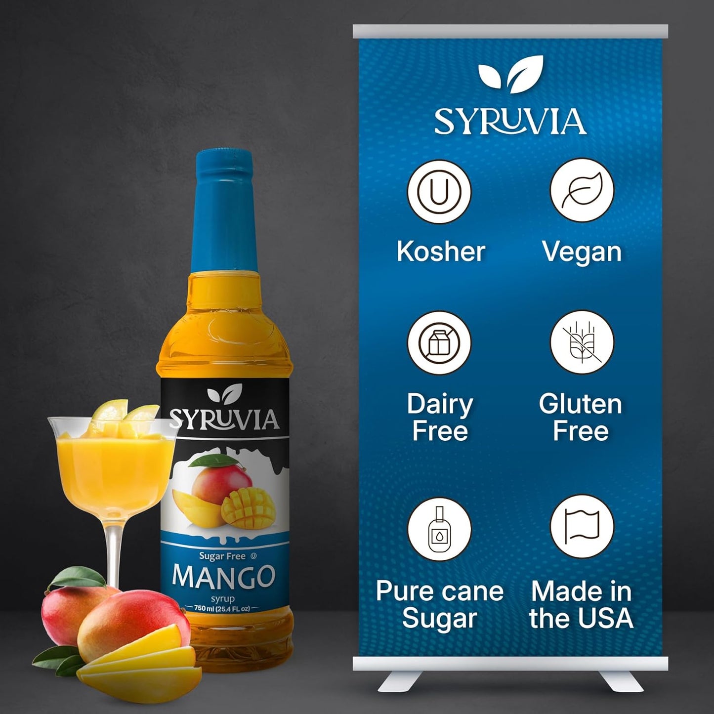 Syruvia Sugar-Free Mango Syrup, Flavored Syrup for Drinks, Cocktails, Lemonades, Iced Teas, and Desserts – 25.4 fl oz