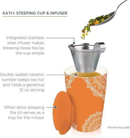 Tea Forte Double-Walled Ceramic Kati Cup, Removable Stainless Steel Infuser Basket and Lid, Steeps 12 oz Loose Leaf Tea, Dishwasher & Microwave Safe, Chakra