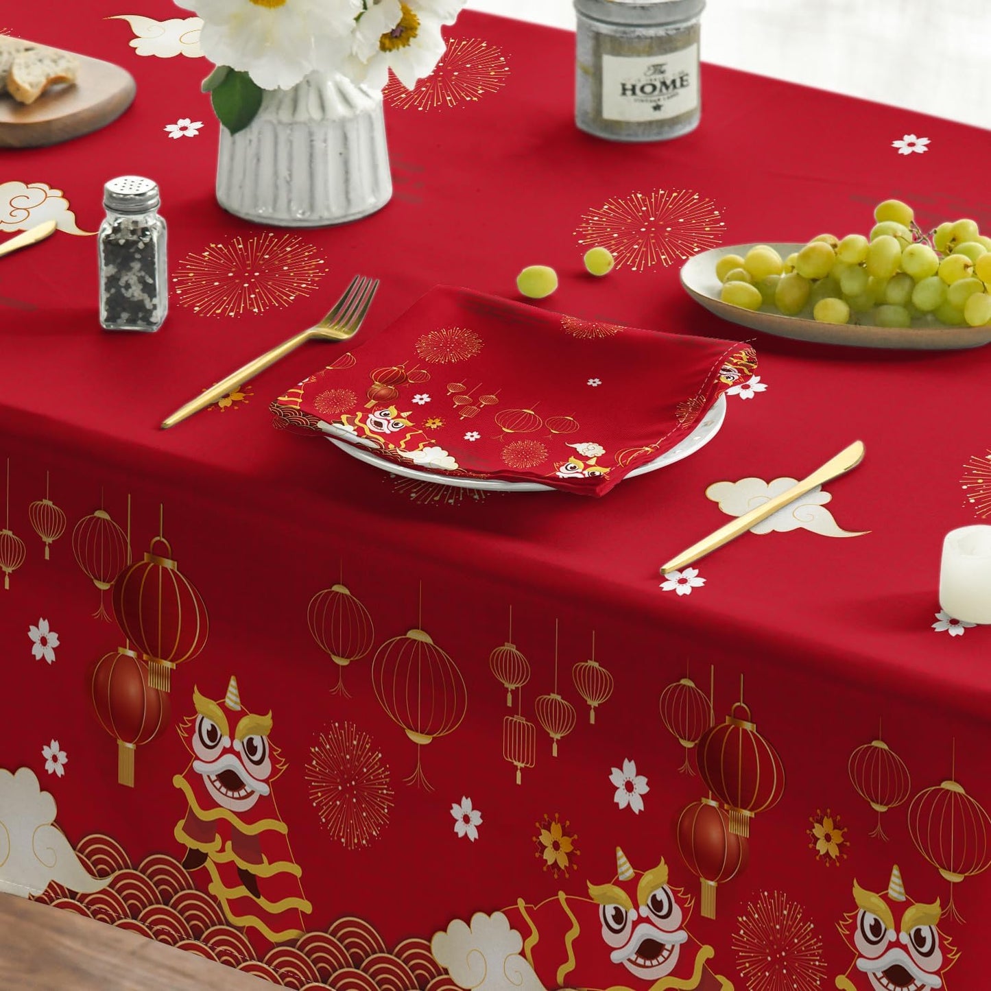 Horaldaily Newyear Tablecloth 60×104 Inch Rectangular, Chinese Lunar New Year Lion Dance Lantern Red Washable Table Cover for Party Picnic Dinner Decor