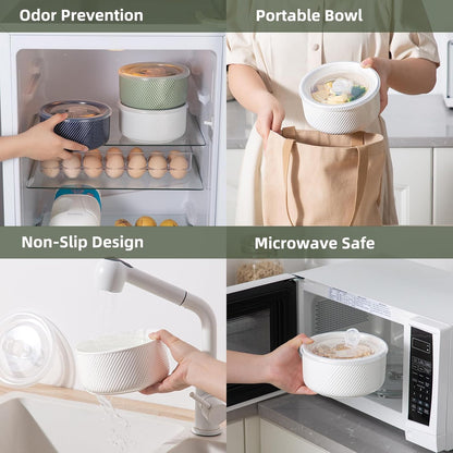 Large Ceramic Bowls with Lids: 32 oz Microwave Safe Food Storage Containers for Soup Salad Meal Prep Lunch Picnic Camping - 6 Inch, Set of 4 (White)