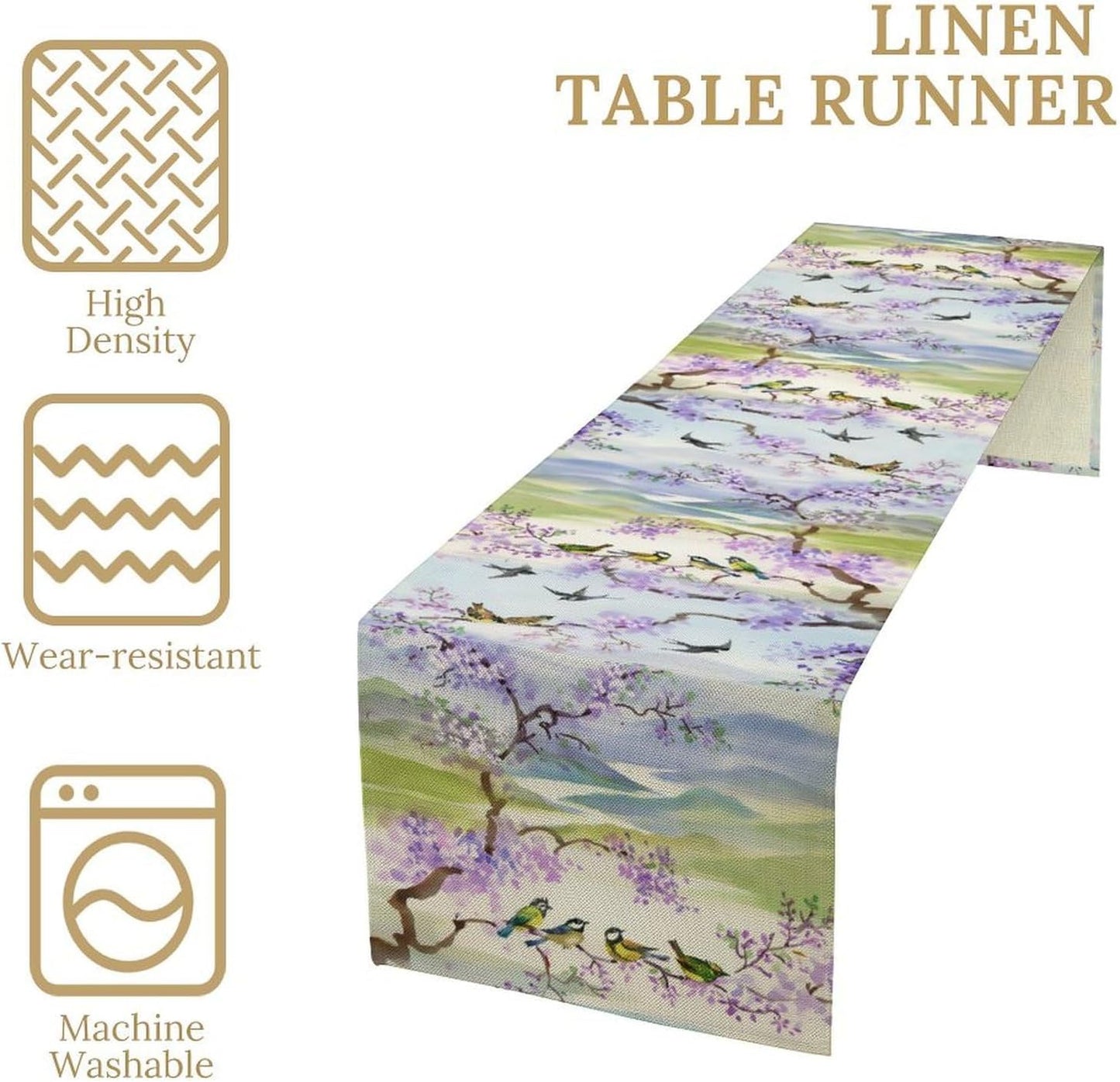 Watercolor Bird Landscape Table Runner, Chinoiserie Vintage Asian Landscape Mountain Spring Purple Table Runner for Kitchen Dining Table Decoration for Home Party 13x70 Inch