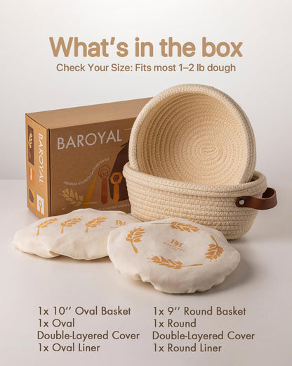 Crispier Crust Cotton Rope Banneton Bread Proofing Basket Set, Oval & Round Bread Baskets with Liners & Covers for Artisan Bread Baking, Sourdough Bread Baking Supplies(Cream)