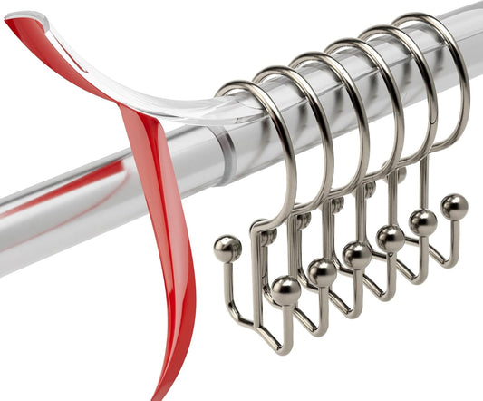 Titanker Shower Curtain Hooks Rings, Minimalist Simple Double Shower Hooks, 12 Pcs Shower Rings and 13 Ft Clear Rod Tape Smooth Sliding Accessories for Bathroom Shower Rods, Nickel