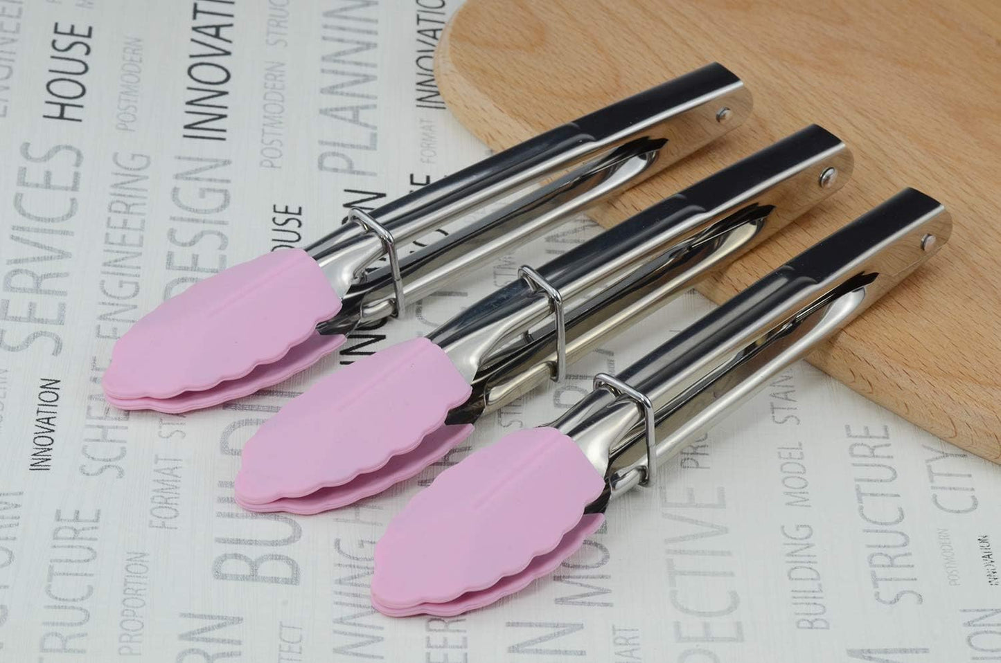 7-Inch Serving Tongs with Silicone Tips Clam Shell Mini Tongs, Set of 3 (Pink)