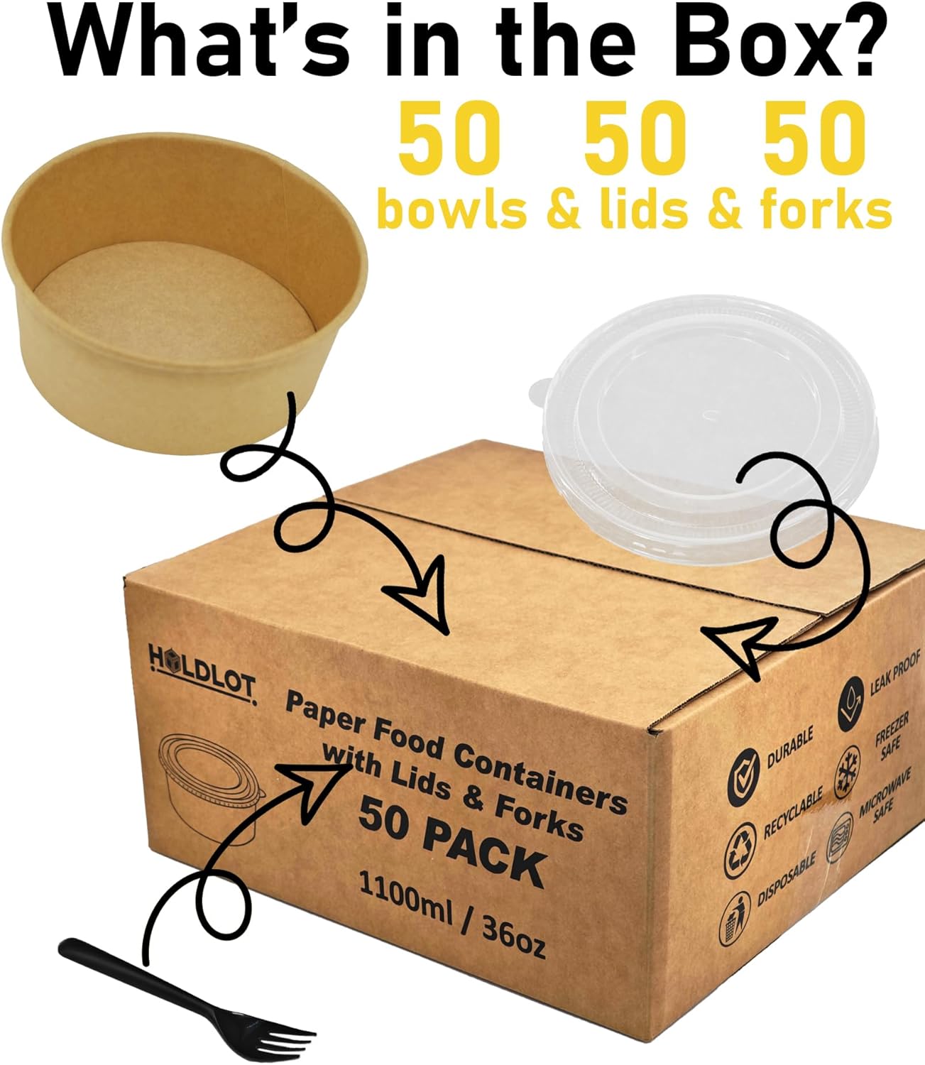 50Pack Disposable Kraft Paper Bowls with Lids & Forks 36oz (1100ml) Round Food Containers Heavy Duty Serving Bowls for Hot/Cold Food Soups Salads Take Out Containers for Household & Restaurant & Party