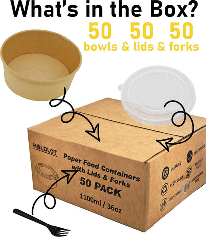 50Pack Disposable Kraft Paper Bowls with Lids & Forks 36oz (1100ml) Round Food Containers Heavy Duty Serving Bowls for Hot/Cold Food Soups Salads Take Out Containers for Household & Restaurant & Party