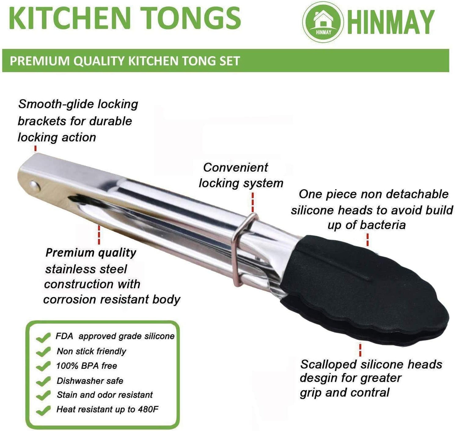 Mini Tongs with Silicone Tips 7-Inch Kitchen Tongs, Set of 3 (Black)