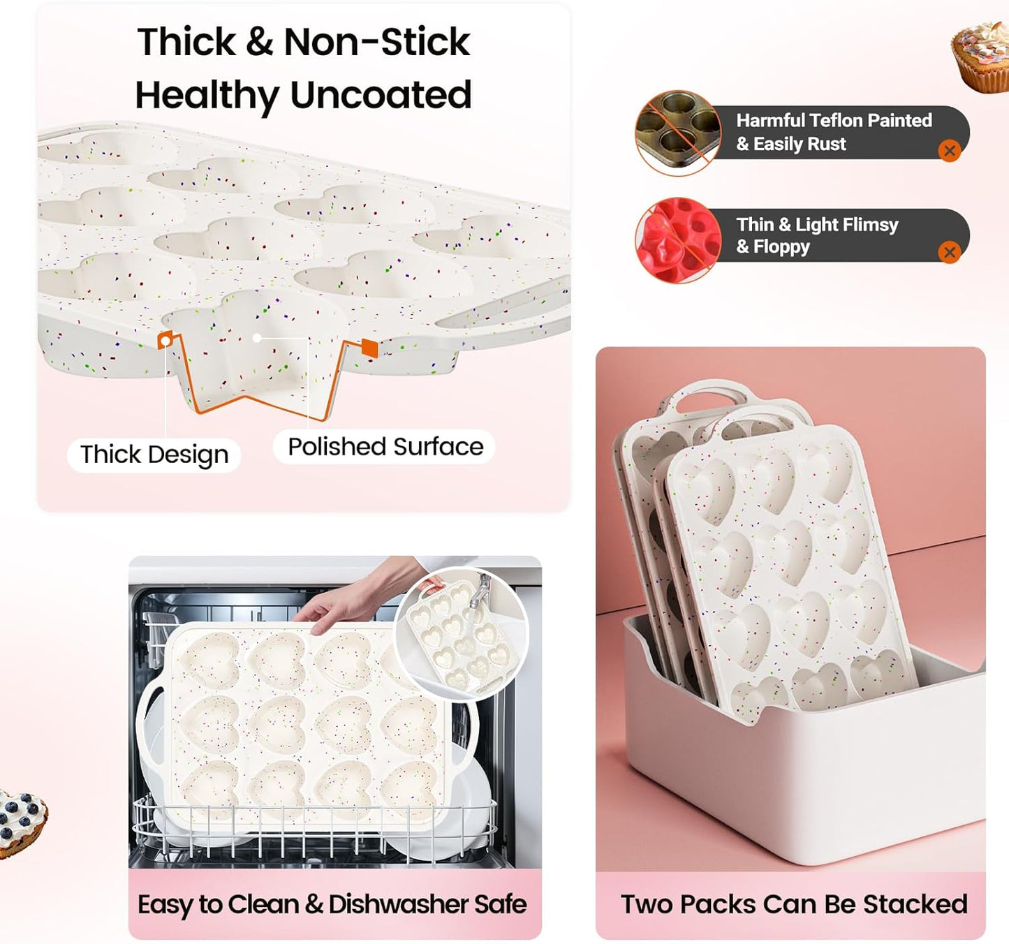 Premium Silicone Heart-Shaped Baking Mold with Metal Reinforced Frame – 2 Pack Non-Stick Cupcake & Muffin Pan for Baking Chocolate, Egg Bites & Brownies – BPA Free, Dishwasher & Oven Safe