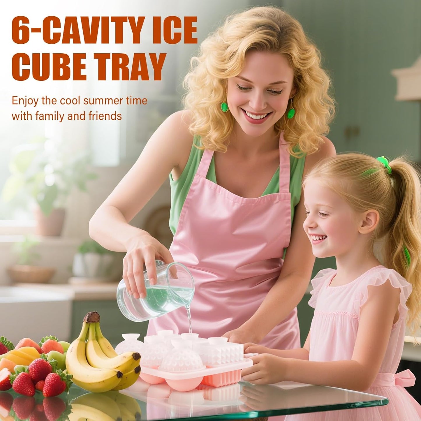 Acomler Large Silicone Ice Cube Tray, 3 Big Crystal Cubes & 3 Sphere Golf Ice Tray, BPA Free Ball Ice Molds, Ice Cube Mold with Funnel for Whiskey, Cocktails, 6 Holes Fun Shape Ice Maker Mold (Pink)