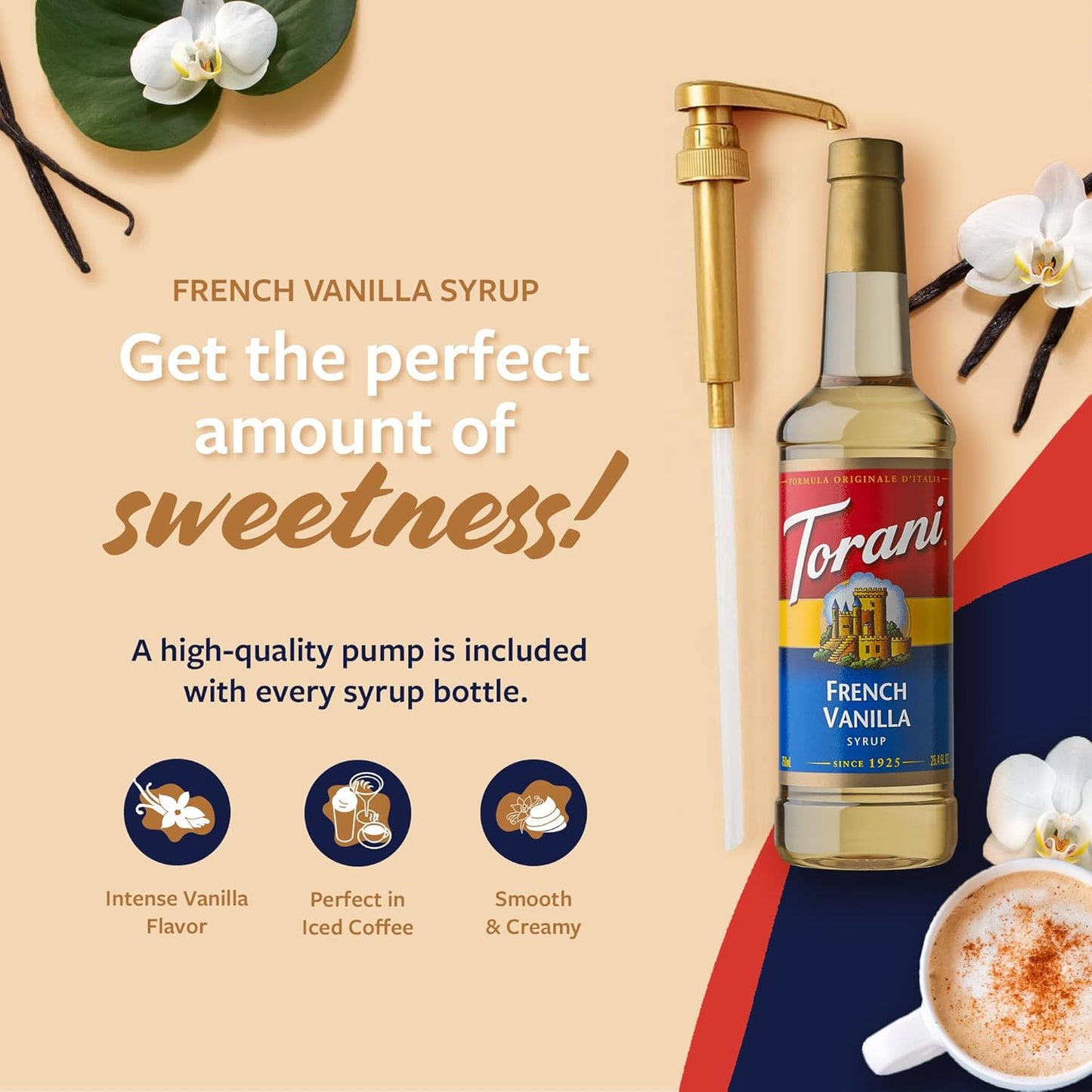 Torani Coffee Syrup, French Vanilla Flavored Syrup for Drinks, Pump Included, 25.4 Fl Oz