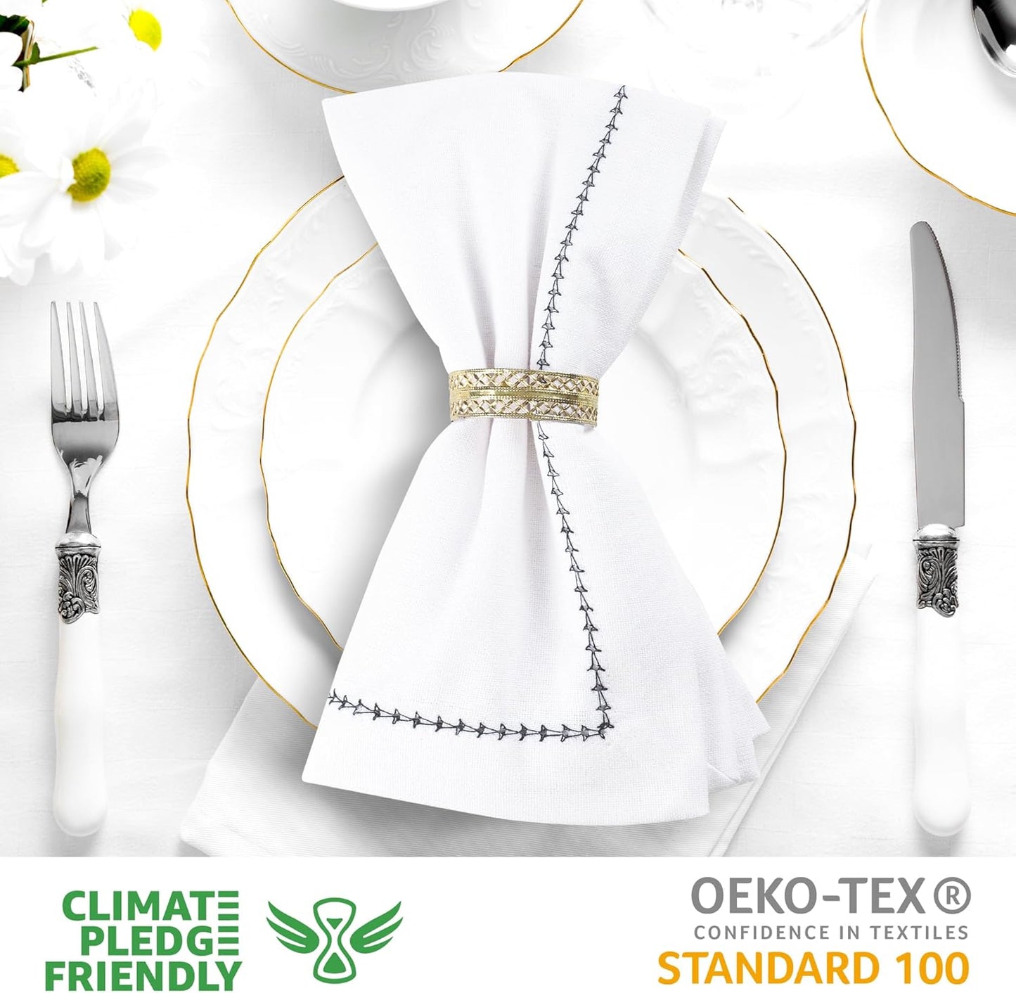 Urban Villa Cloth Napkin Set of 12 Hemstitch White Black 20x20 Inches Premium Soft Cotton Highly Absorbent Reusable & Washable Dinner Table Napkins for Home and Weddings