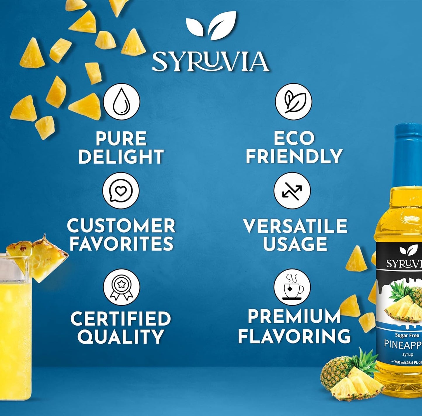 Syruvia Sugar-Free Pineapple Syrup, Flavored Syrup for Drinks, Cocktails, Lemonades, Iced Teas, and Desserts – 25.4 fl oz