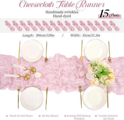15 Packs Cheesecloth Table Runner Light Pink,10 Ft Rustic Gauze Boho Wedding Table Runner Decoration, Wedding Table Decor Table Cloth for Wedding Party Bridal Shower Table,21.5x120in