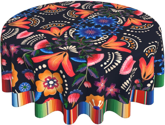 Mexican Round Tablecloth, Traditional Floral Tile Dia De Los Muertos Azulejo Mosaic Mexico Water Resisitant Table Cover for Dining Kitchen Living Room Home Party Holiday Decor 70 inch Round