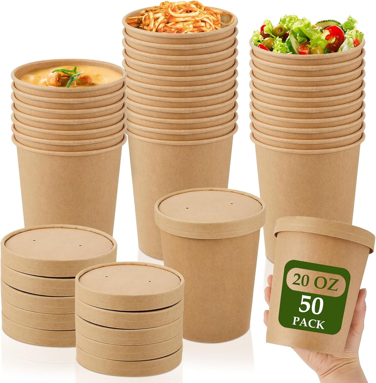 Sabary 50 Pack 20 oz Paper Soup Containers with Lid Disposable Kraft Soup Food Bowl Microwavable Food Storage Ice Cream Containers Nice for Restaurants(Brown)
