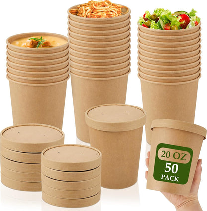 Sabary 50 Pack 20 oz Paper Soup Containers with Lid Disposable Kraft Soup Food Bowl Microwavable Food Storage Ice Cream Containers Nice for Restaurants(Brown)